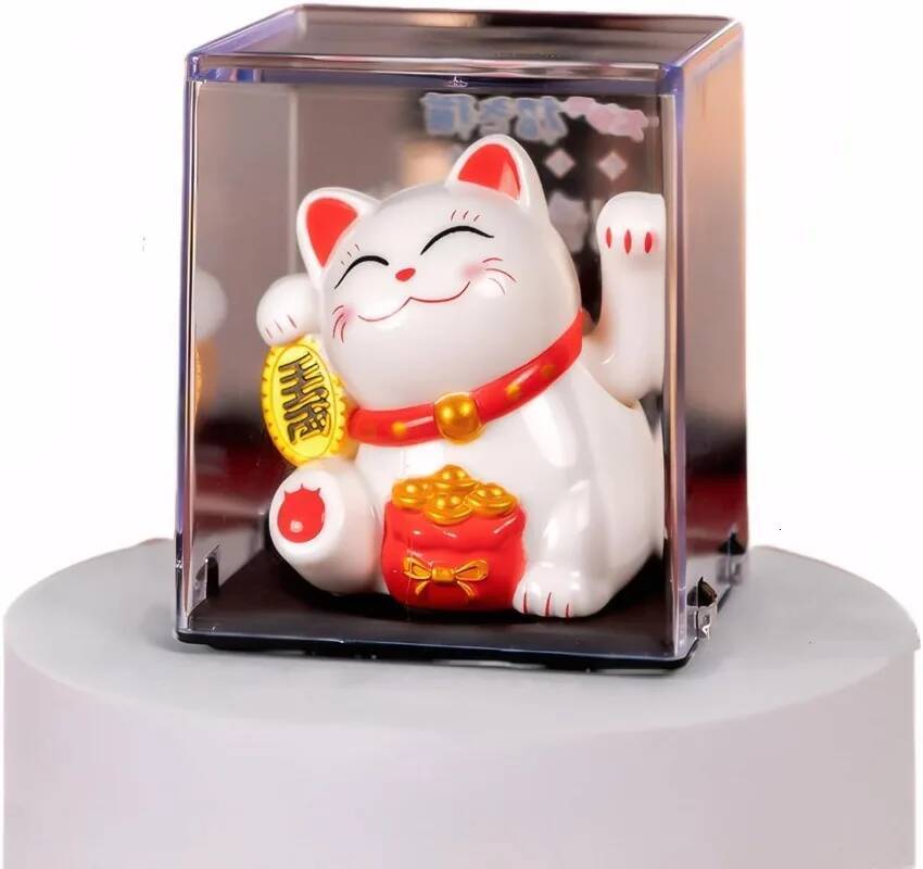 Solar Charging Auspicious Neko Waving Its Arms. Traditional Chinese Feng Shui Maneki Neko, for Cars Offices Etc