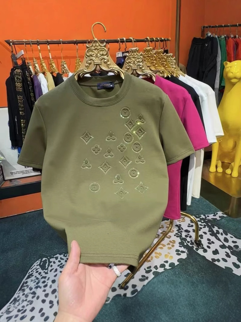 Luxury Brand Designer Clothes Autumn New Fashion Men's Rhinestone-Embossed Short-Sleeve T-Shirt, Trendy Influencer Style, Thickened Half-Sleeve T