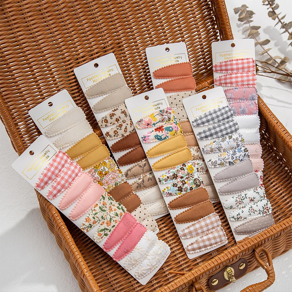 10PcsLot Ins 6cm Flower Print Cotton Alloy Hair Bow Snap Clips Set Fabric Plaid Bobby Hairpins Hairgrips Girls Kids Headwear 260408