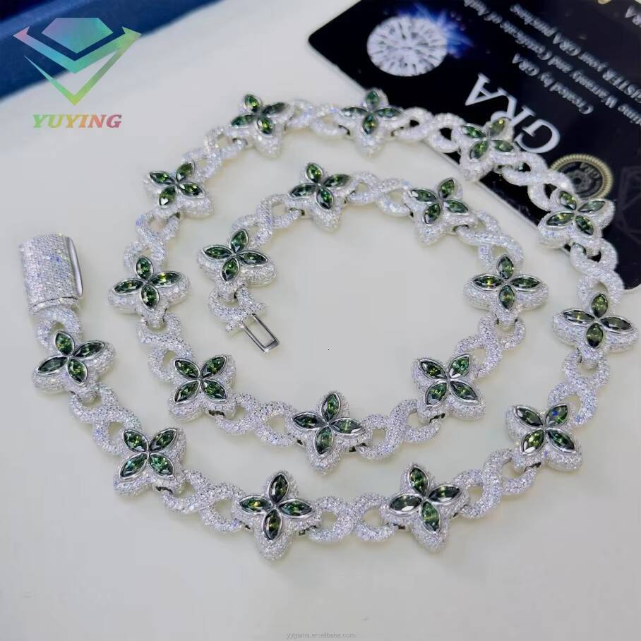 Fashion Clover Hip Hop Jewelry Gold Plated 925 Sterling Silver VVS Moissanite Diamond Four Leaf Clover Necklace Cuban Link Chain