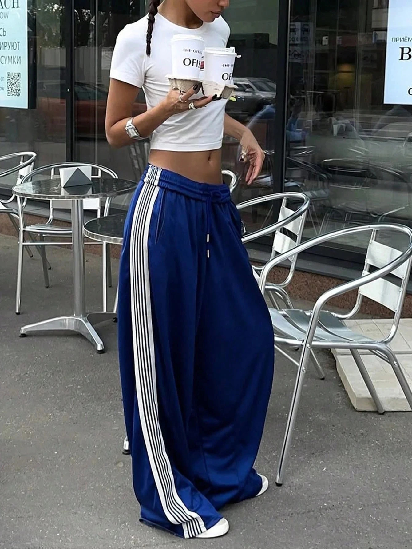 Womens Satin Wide Leg Track Pants Side Stripe Elastic Waist Casual Streetwear Trousers for Daily Fashion 260408