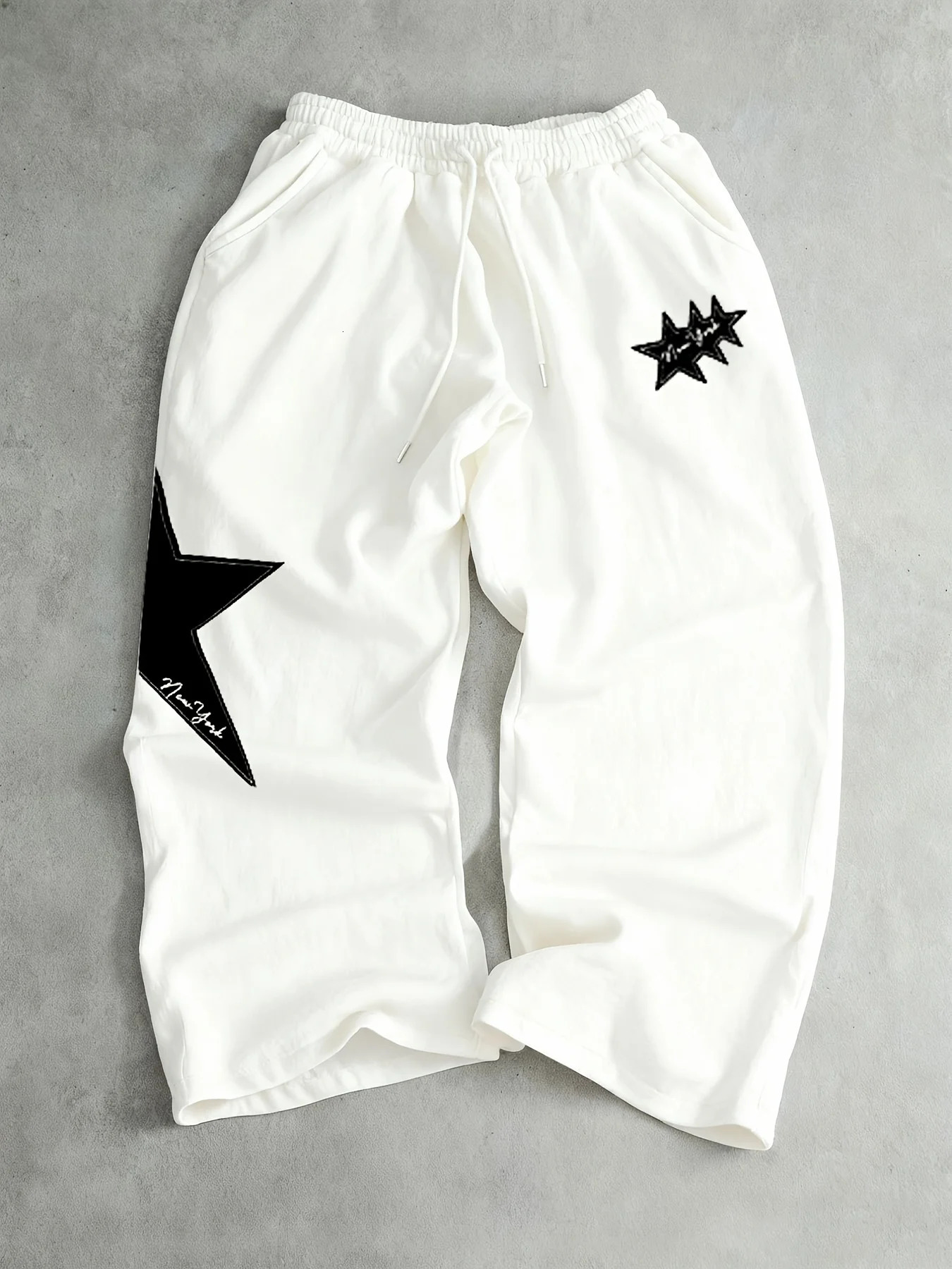 Mens Black Bootcut Jogger Pants, Elastic Waistband with White Star Graphic, Knit Acetate Casual Joggers for Autumn and Winter 260408 - view 4