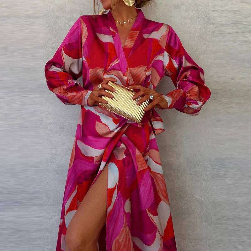 Famous brand Fashion Pattern Printed Lace Up Commuting Ladies Elegant V Neck Long Sleeved Split Casual Party Irregular Maxi Dress MAKOUFEI