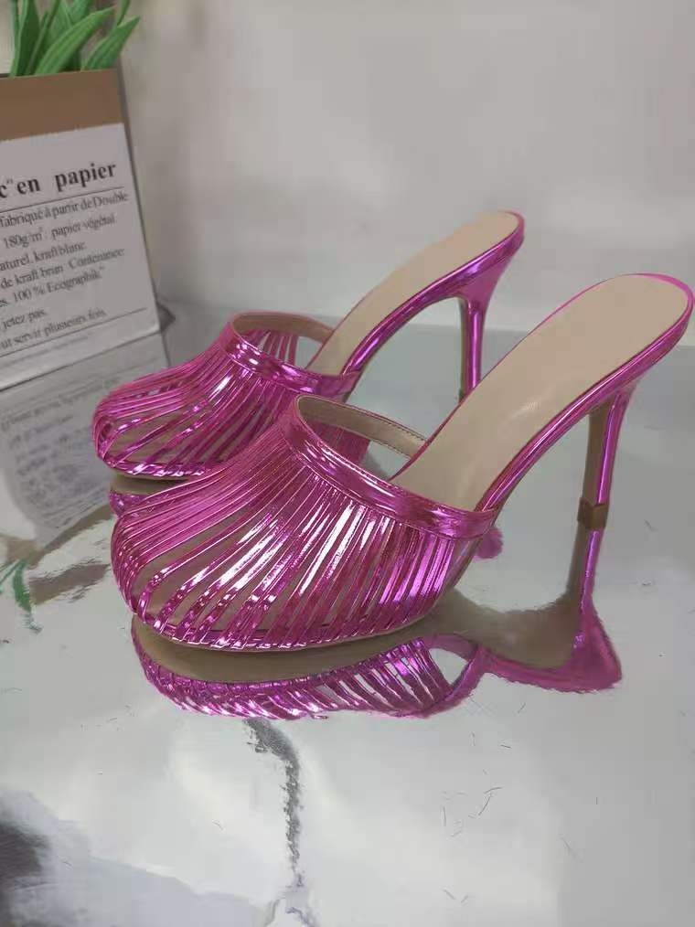Sier Round Toe Cut Out Slippers Sexy Stilettos High Heel Shoes For Women Fashion Heels 2024 New Atos Para Mujere