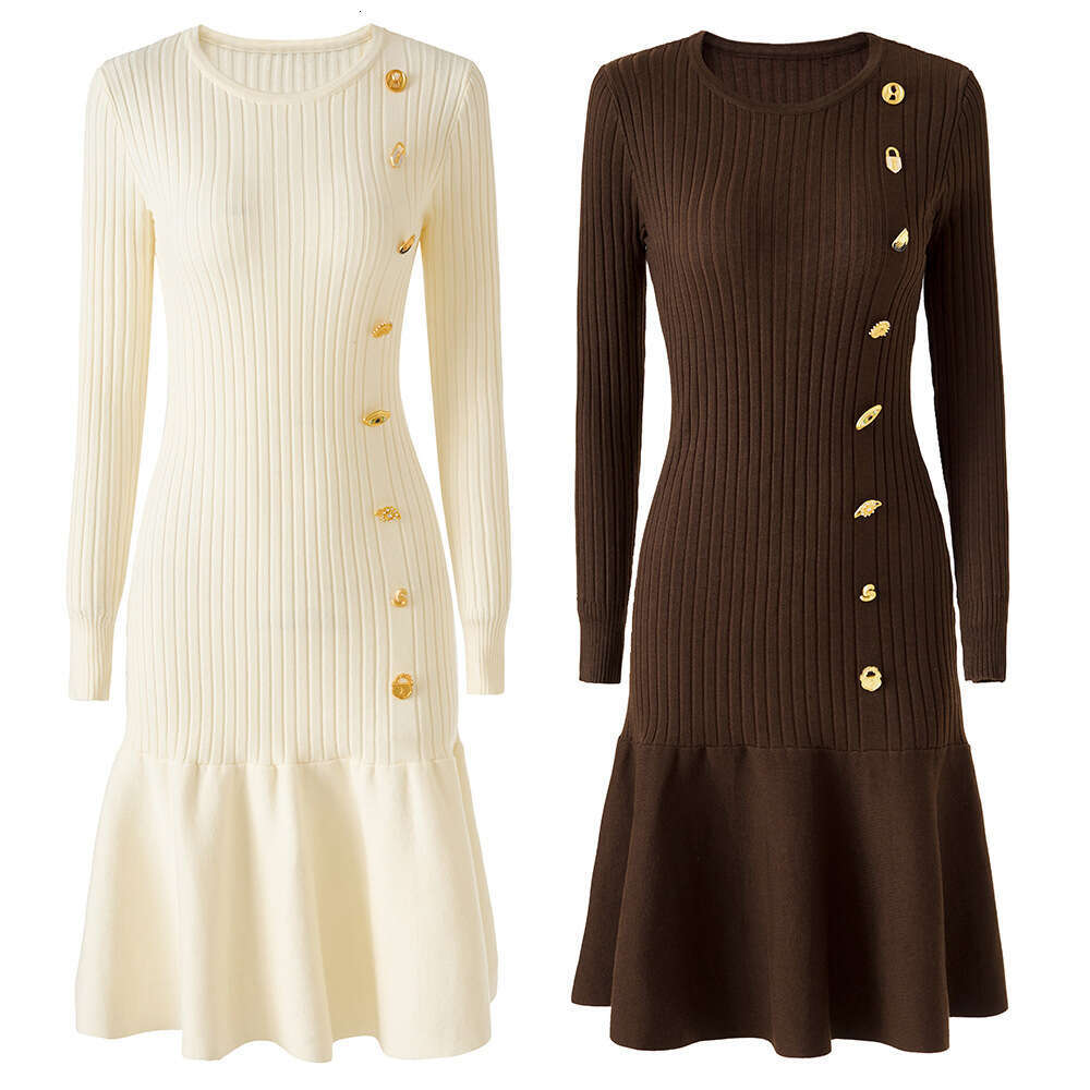 k30 2026 autumn and winter designer lightweight, luxurious, simple and chic knitted dress with round neck, long sleeves and fishtail hem