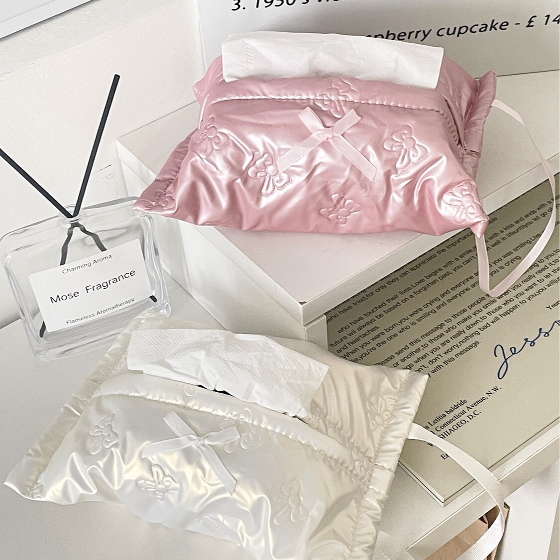 Tissue Box Bowknot Print Bowknot Decor Leather Texture Ins Style High Value Quilted Waterproof Handheld And Hanging Car Tissue Box