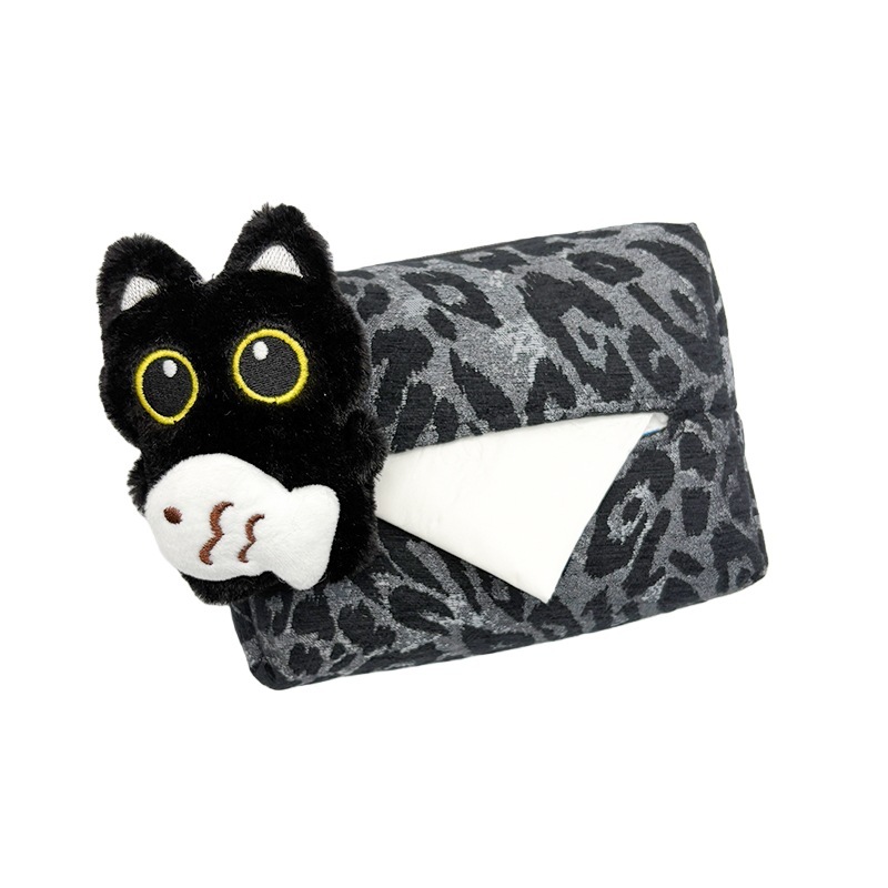Tissue Box Cute Little Black Cat Cover Leopard Print Base Leather Texture Luxury Seat Back Hanging Car Armrest Storage