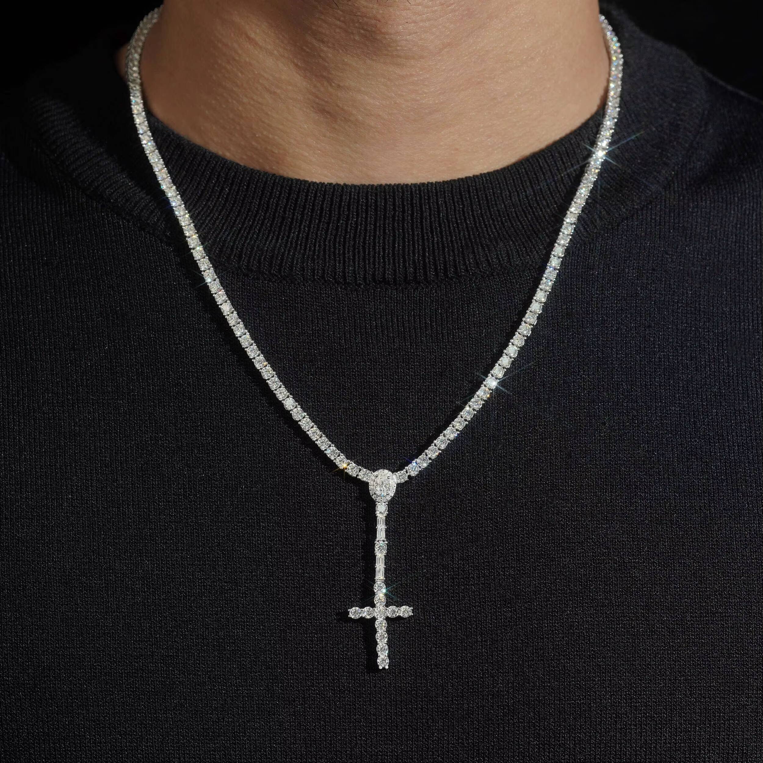 Hip Hop Silver 925 Tester Diamond Chain Luxury Tennis Chain 3MM Rosary Cross Tennis Chain VVS Moissanite Necklaces