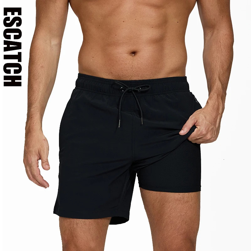 ESCATCH 2026 Mens Swimming Trunks with Compression Liner 2 in 1 Quick-Dry Gym Sports Shorts Swim Shorts with Zipper Pockets 260408