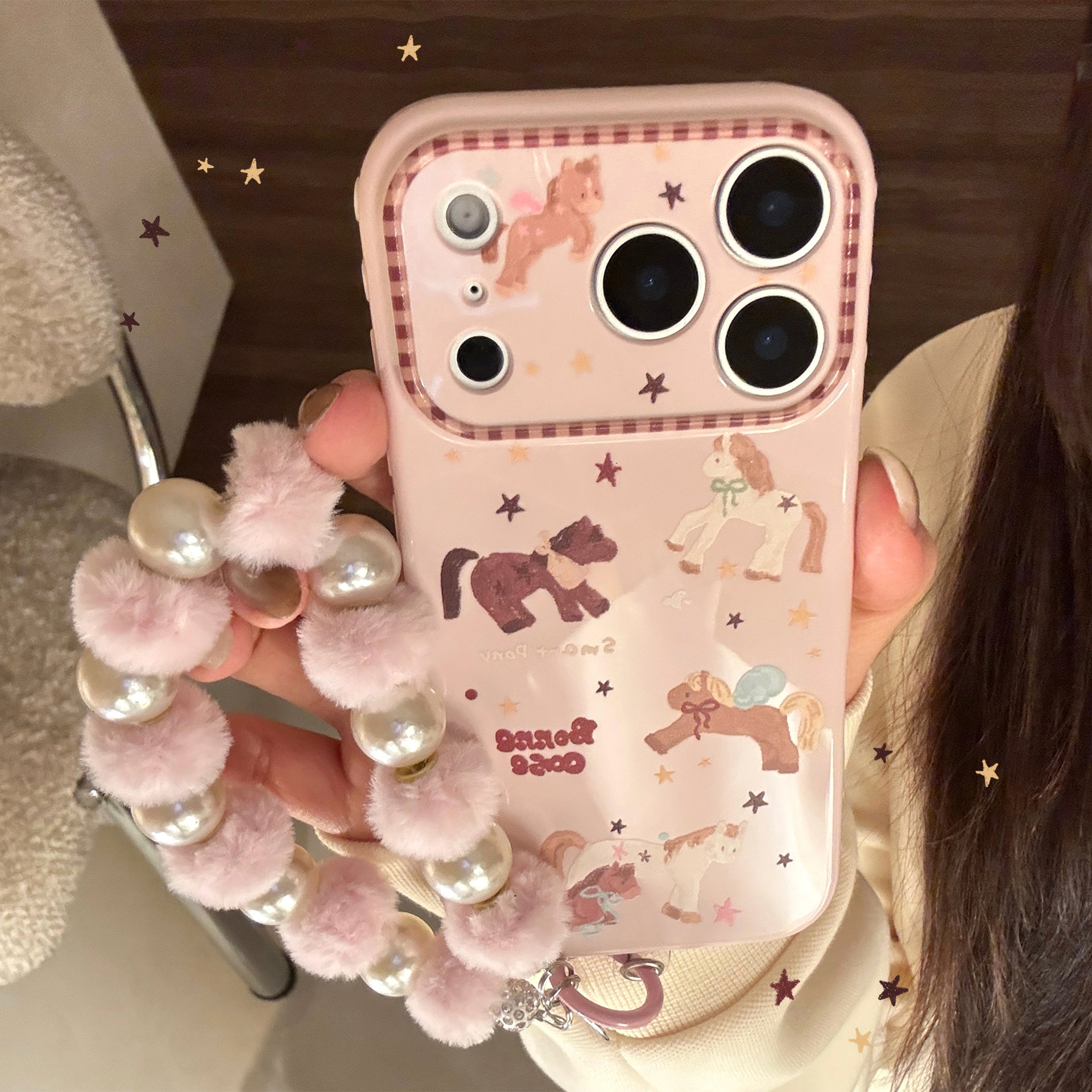 Cute Pony Pink Case with Pearl Chain for iPhone 17 Pro Max