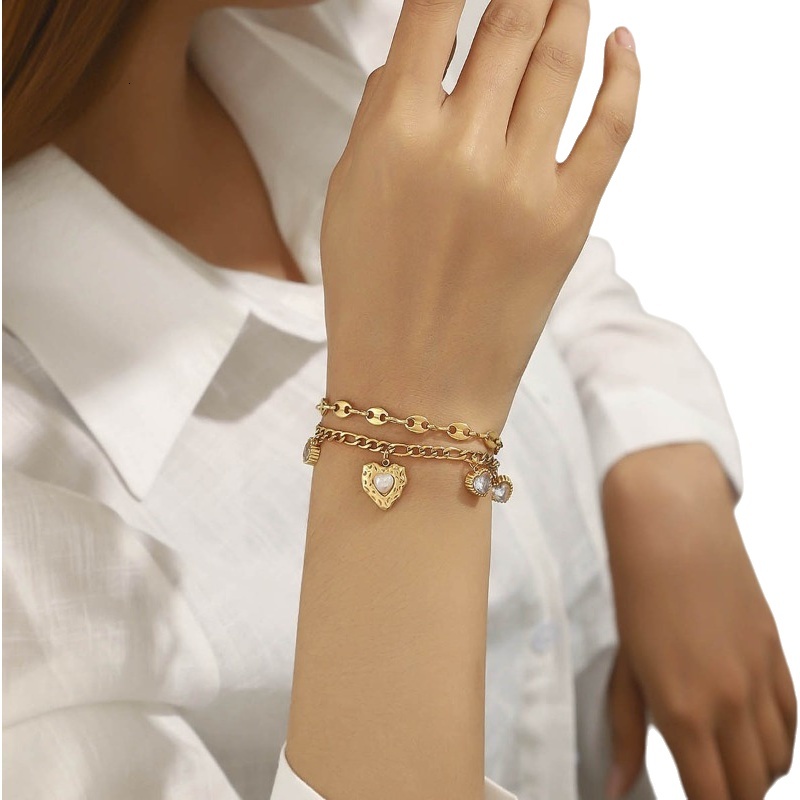 Brelet In Acciaio Inossidabile Placcato Gioielli Designer Braccialetto Doppio Strato Stile Europeo Cuore Sole Fiore Braccio Brelet Per Le Donne Rega-image