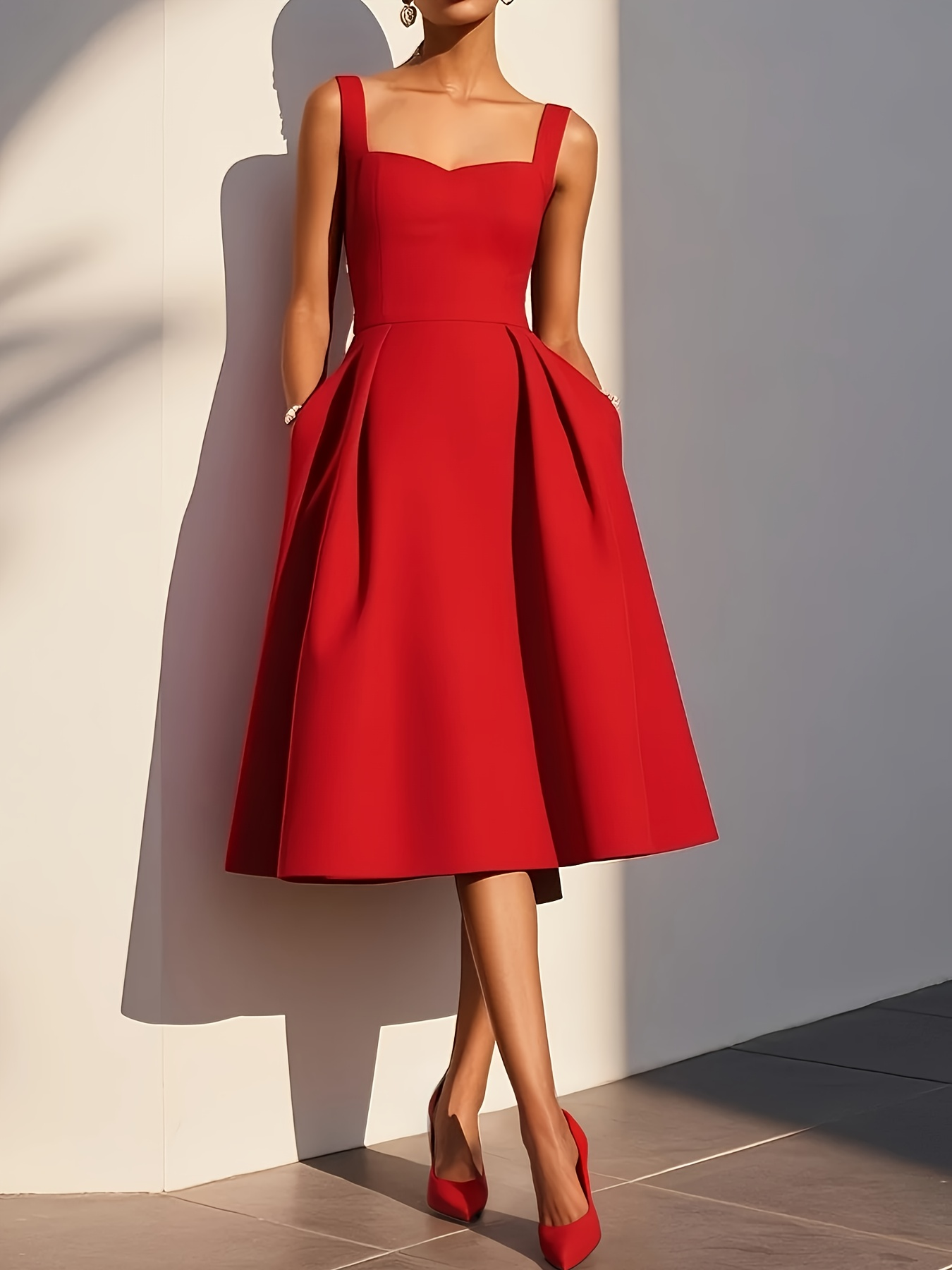 Vintage Red Sleeveless Waist-Cinched A-Line Dress N047