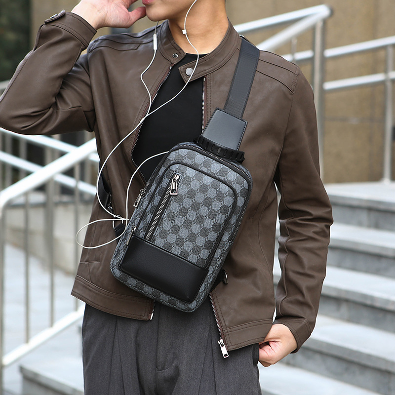 Men's Chest European and American Style Large Capacity Crossbody Versatile Checkerboard Pattern Casual Shoulder Bag Travel Phone Backpack Trendy