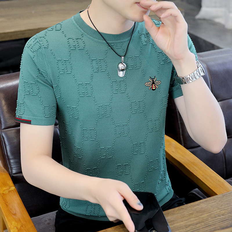 2026 New Designer Luxury Brand Men's Knitted Short Sleeved T-shirt Summer Little Bee Embroidered Ice Silk Round Neck Slim Cool Short Sleeved T-sh