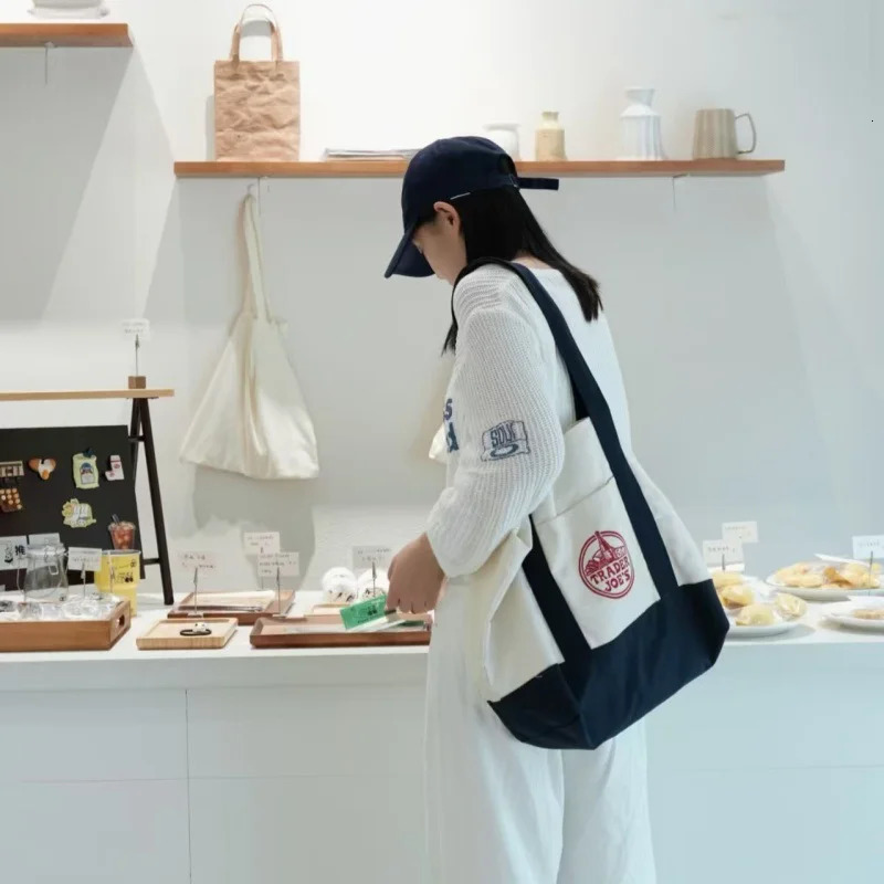 Trader Joe Large Tote Shopping Bag Cotton Canvas Embroidered 260408