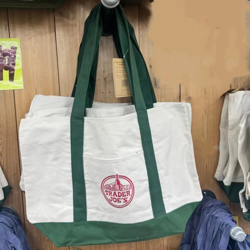 Trader Joe Large Tote Shopping Bag Cotton Canvas Embroidered 260408