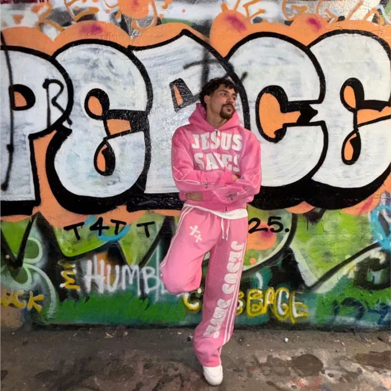 Y2K Pink Knit Hoodie, Full-Zip Stone Stripe Embroidery Hooded Sweatshirt, Men's Streetwear Harajuku Fashion - view 5