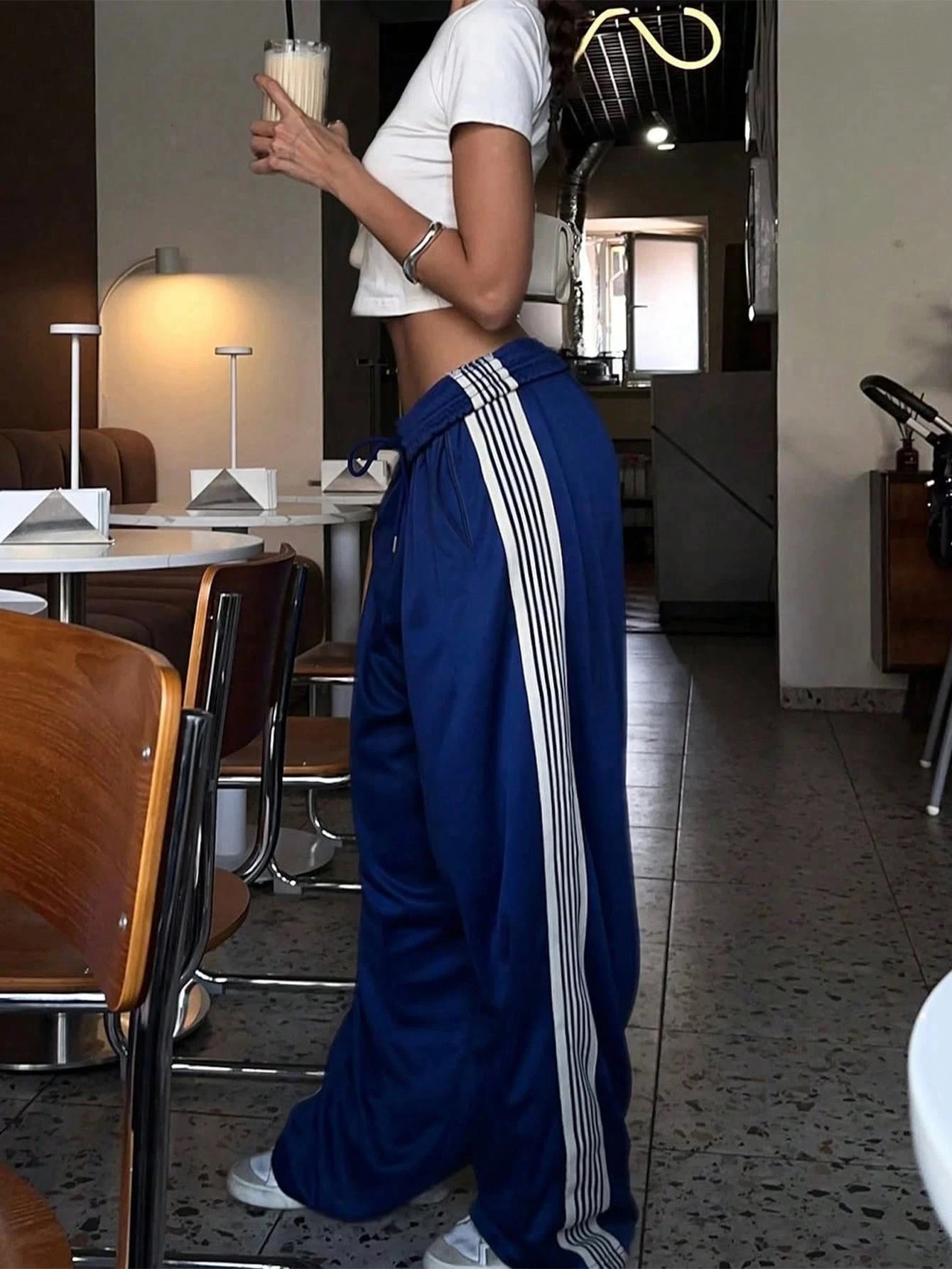 Womens Satin Wide Leg Track Pants Side Stripe Elastic Waist Casual Streetwear Trousers for Daily Fashion 260408