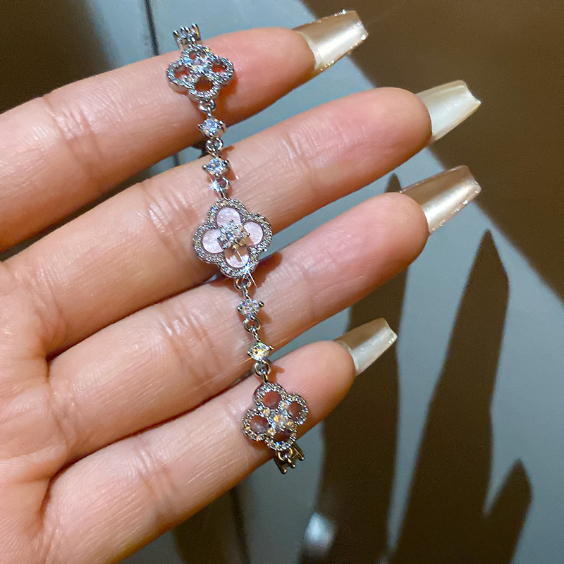 bracelet designer for women Rose Pink Four Leaf Clover Jewelry Set Crystal Rhinestone Inlaid Copper Bracelet Necklace Earrings Gift For Daily Party We