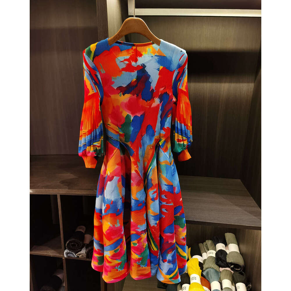 Spring New Oil Painting Print Pleated Dress For Women, Seaside Vacation, French Vintage Long Dress, Fairy Style