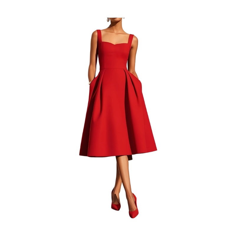 Vintage Red Sleeveless Waist-Cinched A-Line Dress N047