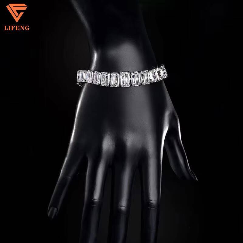 LiFeng Jewelry 925 Sterling Silver Tennis Chain Bracelet Hip Hop Style Baguette Moissanite Gift Main Material Gold Main Diamond