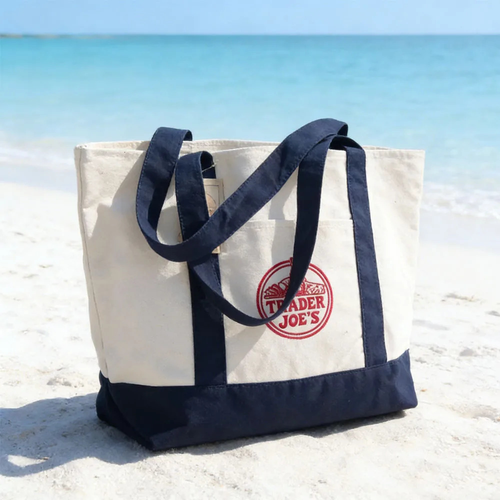 Trader Joe Large Tote Shopping Bag Cotton Canvas Embroidered 260408