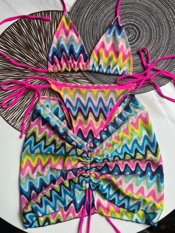 Knitted bikini dress three piece set sexy bikini striped swimsuit bikini women swift 250305