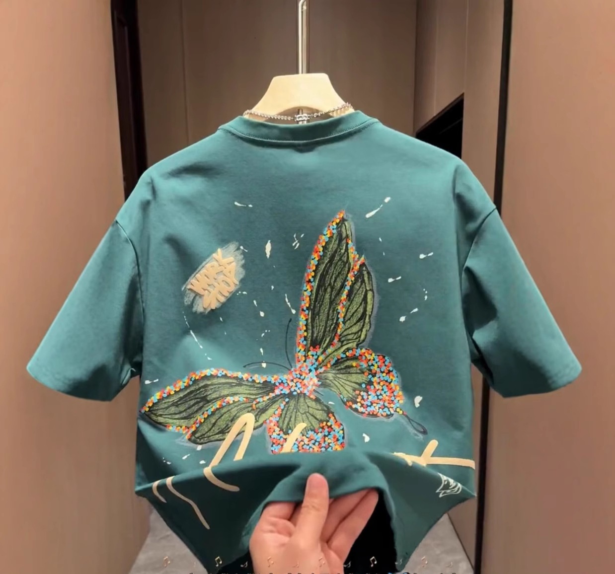 Luxury Brand Designer Clothes Painted Butterfly Short-Sleeve T-Shirt For Men, New Summer Print Trendy Fashion Versatile Loose-Fit Tuxedo Top Tee