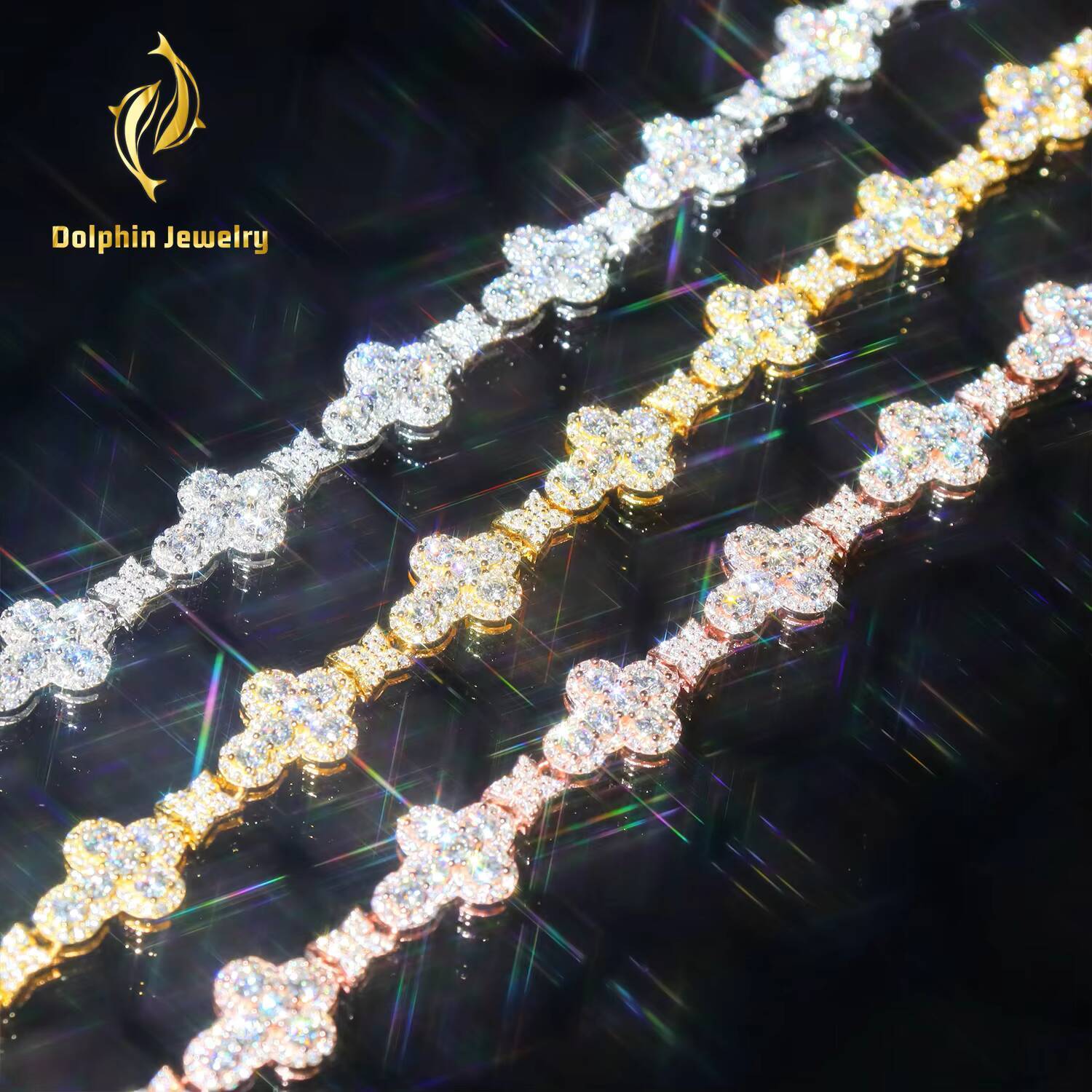New Design S925 Silver Hip Hop Iced Out Jewelry Moissanite Stones OEM Four Leaf Clover Cross Link Chain Necklace