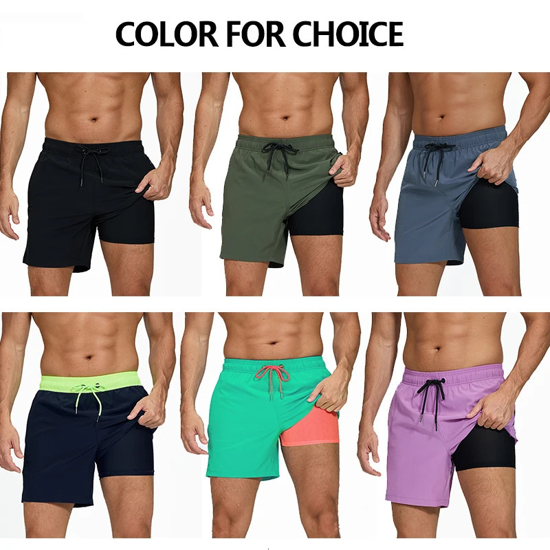 ESCATCH 2026 Mens Swimming Trunks with Compression Liner 2 in 1 Quick-Dry Gym Sports Shorts Swim Shorts with Zipper Pockets 260408