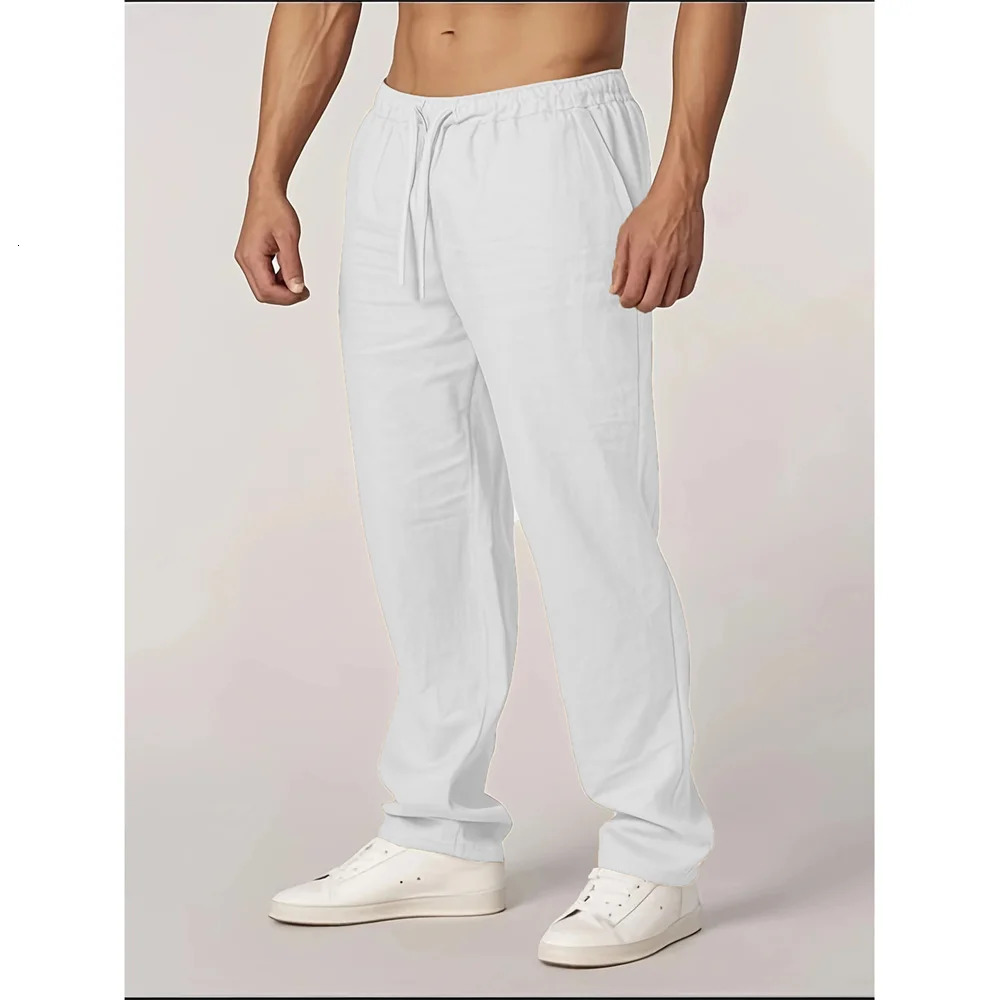 Autumn Mens Cotton Linen Pants Straight Leg Lightweight Breathable Casual Basic Style Elastic Waist Long Pants 260408
