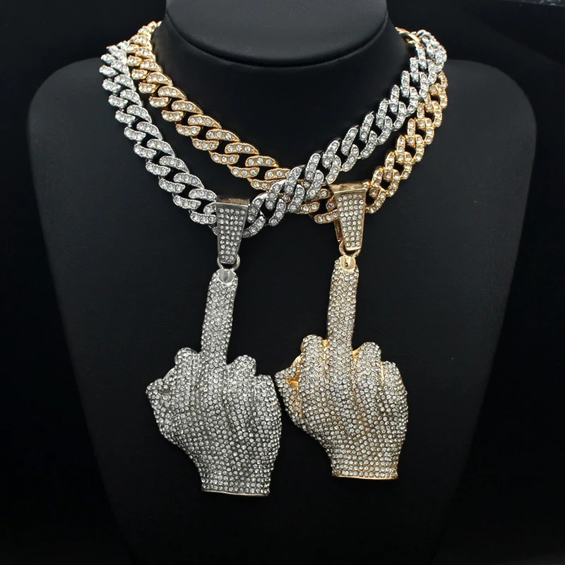 Hip Hop Big Polite Gesture Middle Finger Pendant Necklace with 11mm Crystal Cuban Chain HipHop Iced Out Necklaces Men Women 260409