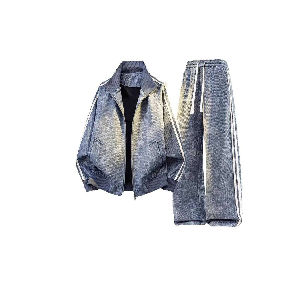 Retro Casual Sports Suit Men Spring Stand Up Collar Jacket Trousers Two Piece Set Versatile Sportswear Set Running Set Leisure Suit