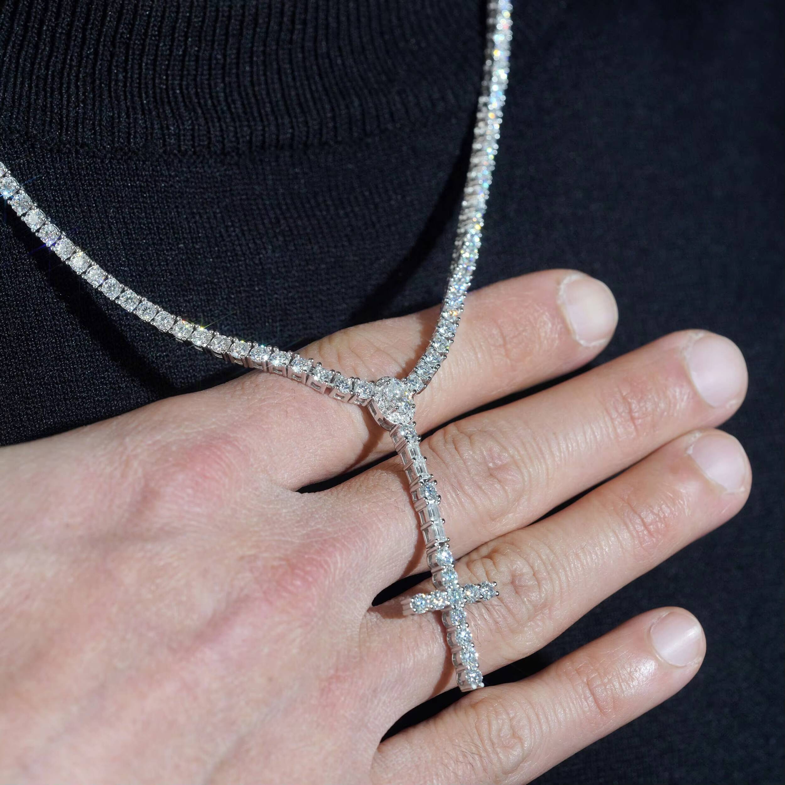 Hip Hop Silver 925 Tester Diamond Chain Luxury Tennis Chain 3MM Rosary Cross Tennis Chain VVS Moissanite Necklaces