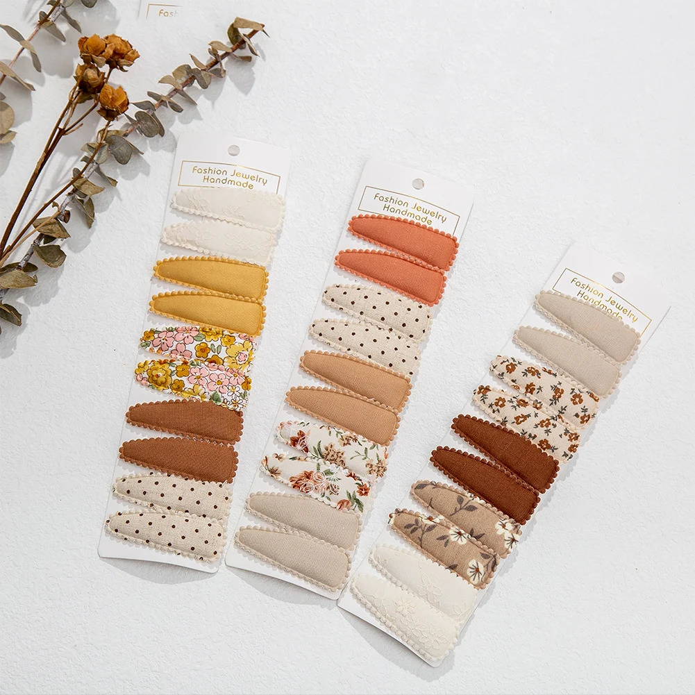 10PcsLot Ins 6cm Flower Print Cotton Alloy Hair Bow Snap Clips Set Fabric Plaid Bobby Hairpins Hairgrips Girls Kids Headwear 260408