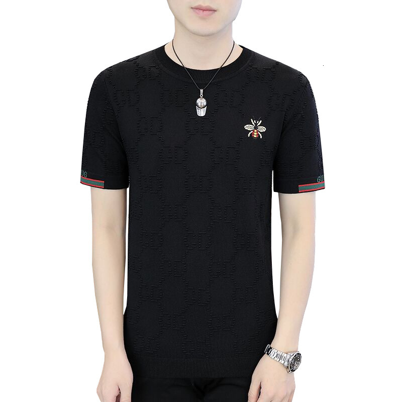 2026 New Designer Luxury Brand Men's Knitted Short Sleeved T-shirt Summer Little Bee Embroidered Ice Silk Round Neck Slim Cool Short Sleeved T-sh