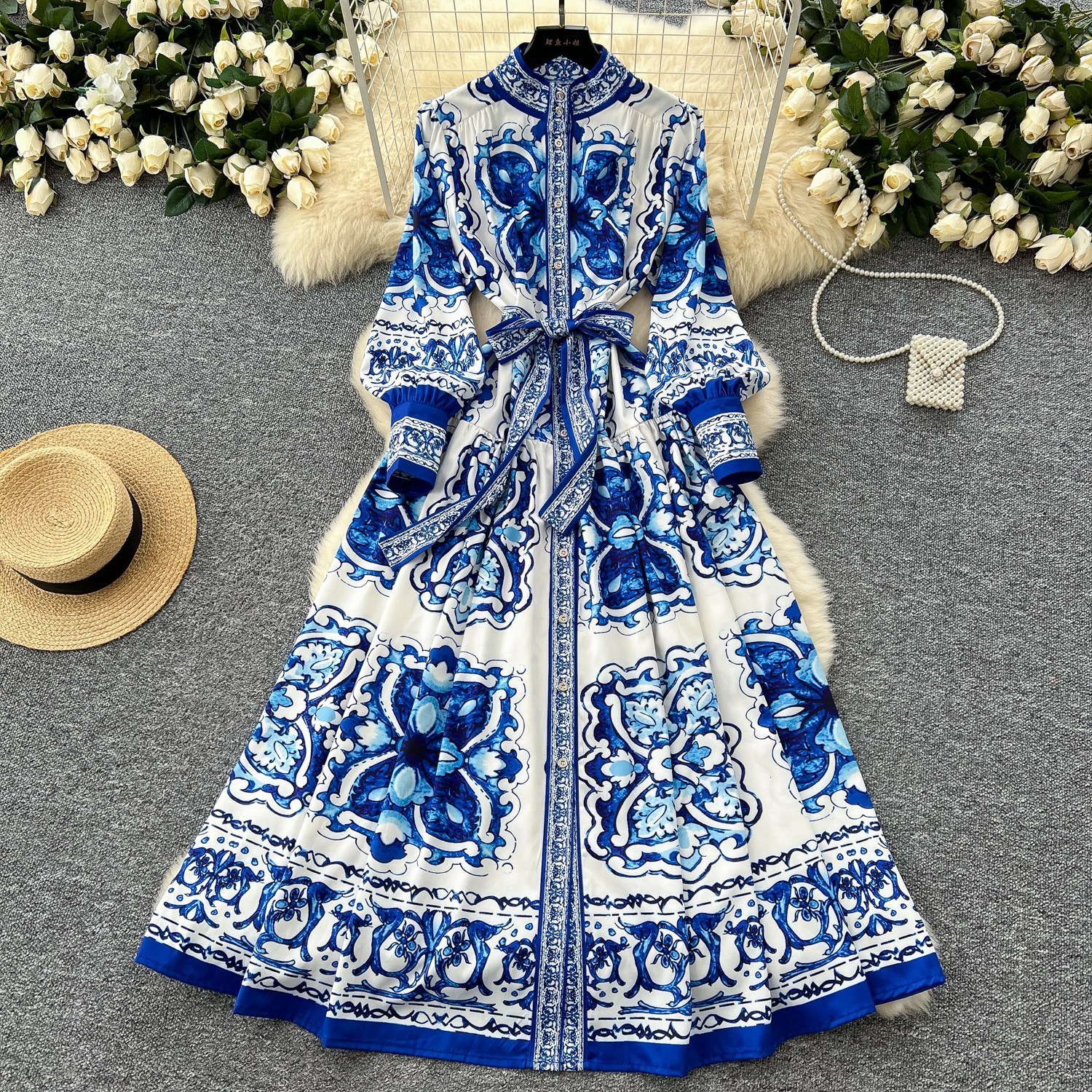 Fashion Elegant Pleated Dress Women's Autumn and Winter Printed Long Sleeve Korean Clothings Vestidos 210527