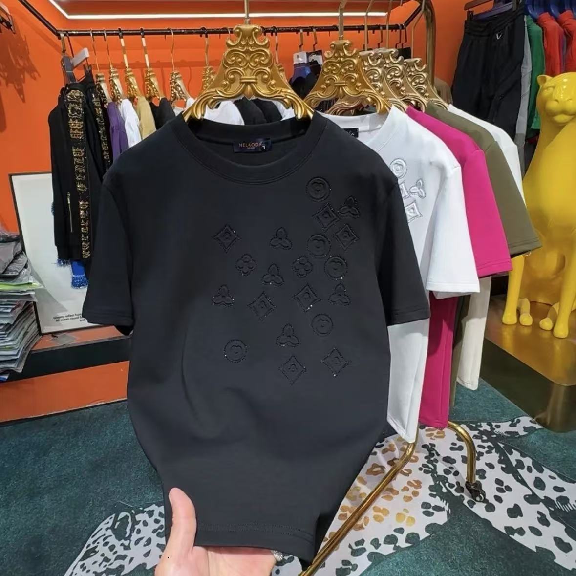 Luxury Brand Designer Clothes Autumn New Fashion Men's Rhinestone-Embossed Short-Sleeve T-Shirt, Trendy Influencer Style, Thickened Half-Sleeve T