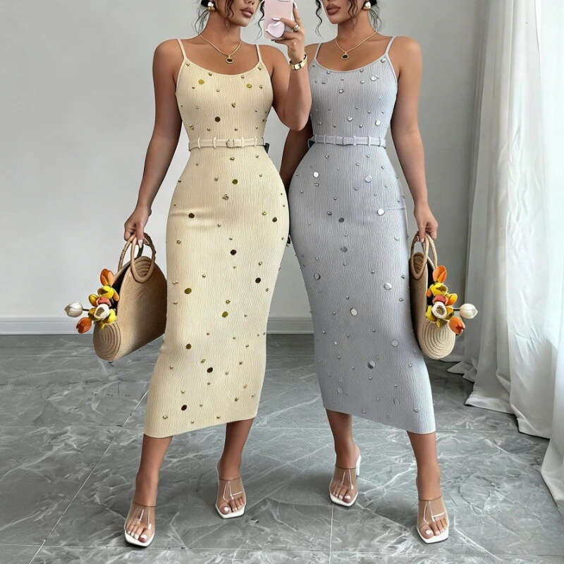 Designer French beaded sequin knit vest FC skirt European and American summer new fashion elegant A13 slim fit slit waist FC long skirt