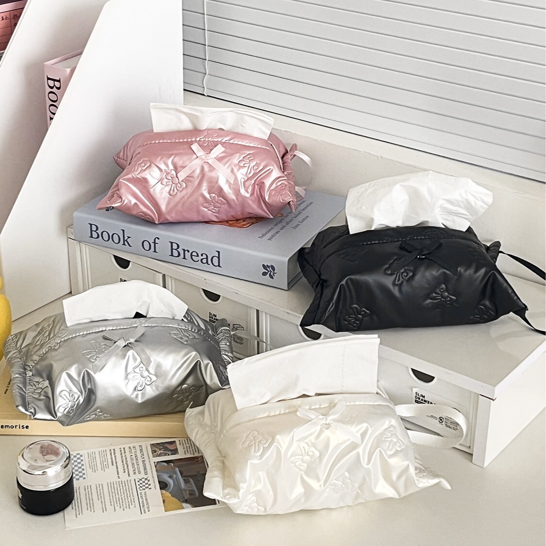 Tissue Box Bowknot Print Bowknot Decor Leather Texture Ins Style High Value Quilted Waterproof Handheld And Hanging Car Tissue Box