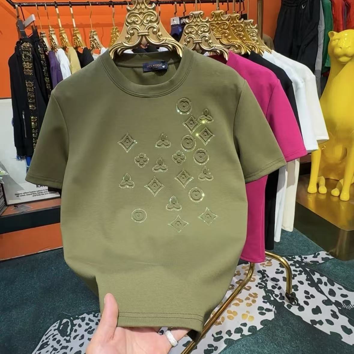 Luxury Brand Designer Clothes Autumn New Fashion Men's Rhinestone-Embossed Short-Sleeve T-Shirt, Trendy Influencer Style, Thickened Half-Sleeve T
