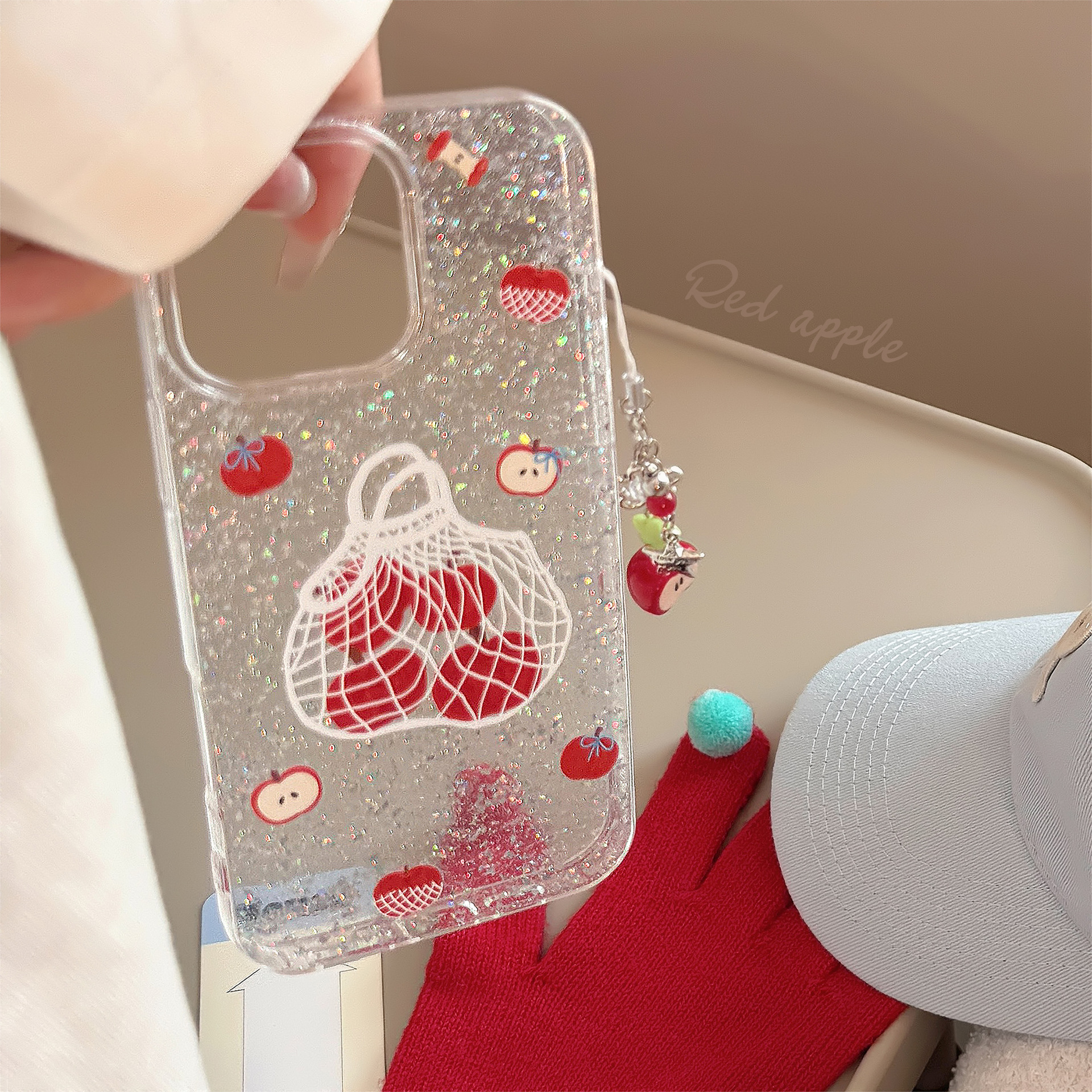 Glitter Apple Shopping Bag Case with Charm for iPhone 16 Pro Max