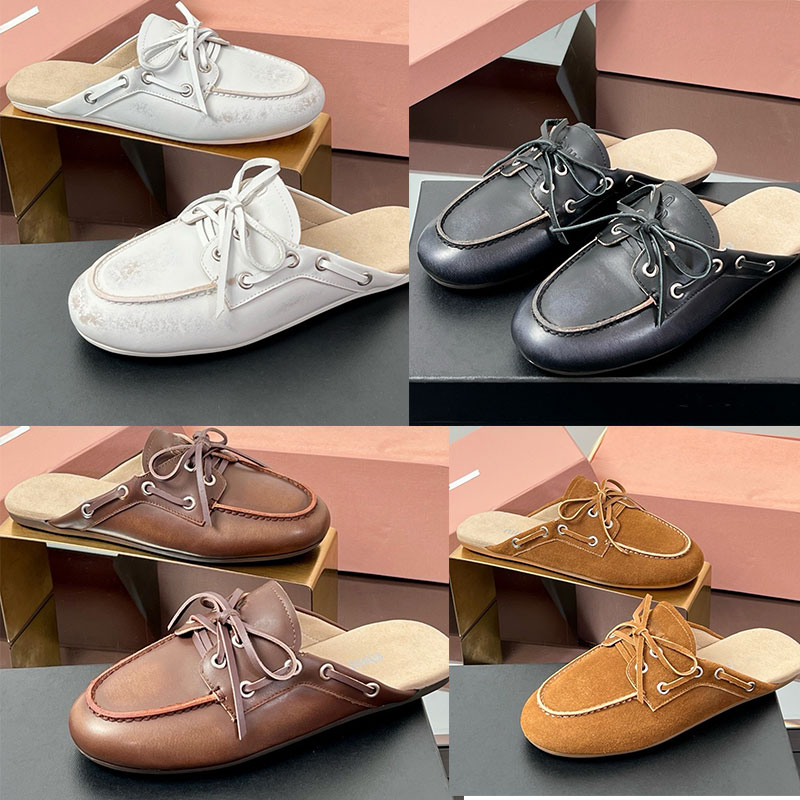 Ladies Bleached Leather Deck Mules Boat Style Loafers Designers Leather Loafers Womens Luxury Bean Flat Shoes Rubber Sole Size 35 41