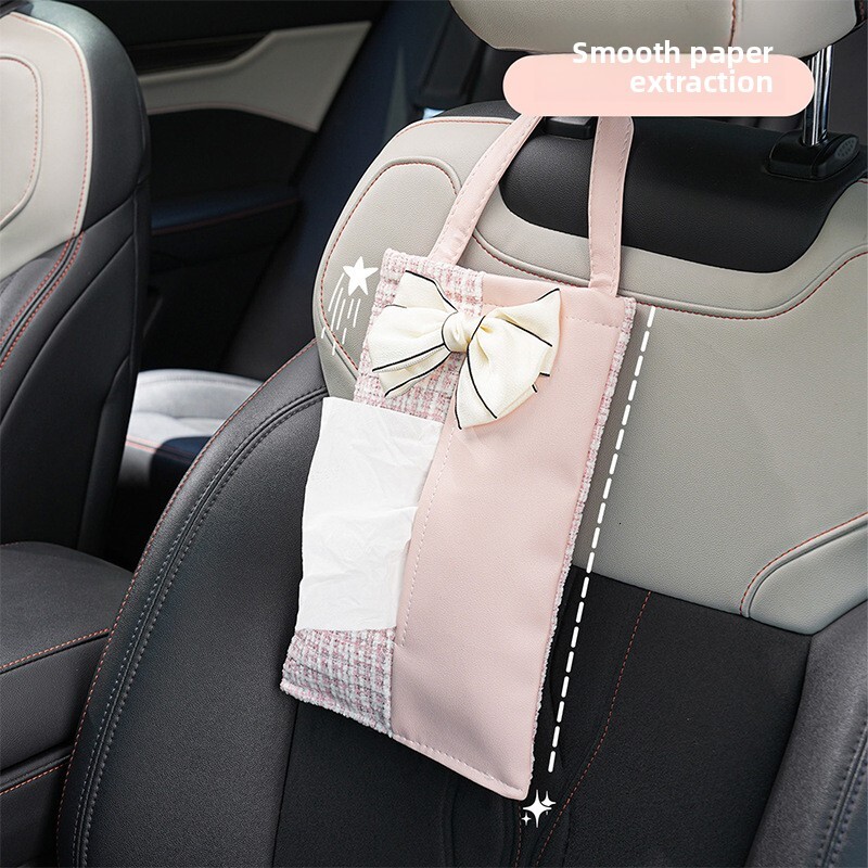 Tissue Box Camellia Style With Bowknot Knitted Texture Leather Seat Back Hanging Luxury Car Interior Accessories