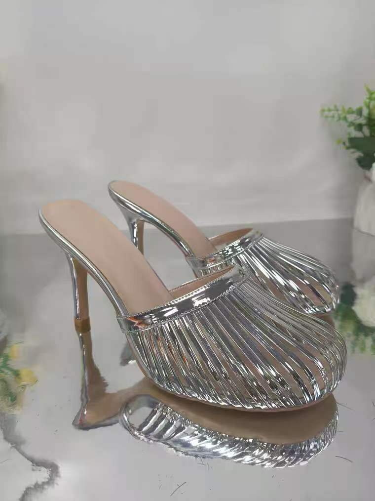 Sier Round Toe Cut Out Slippers Sexy Stilettos High Heel Shoes For Women Fashion Heels 2024 New Atos Para Mujere