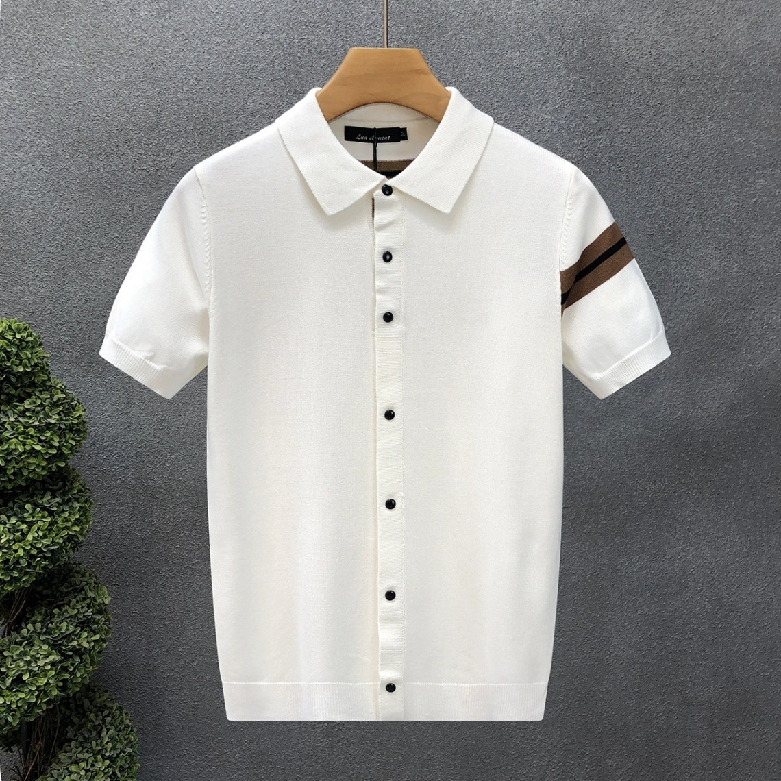 Luxury Brand Designer Clothes 2025 Spring/Summer New Striped Contrast Color Short Sleeve Cardigan For Men, Trendy Fashionable Stylish Half Sleeve Knit