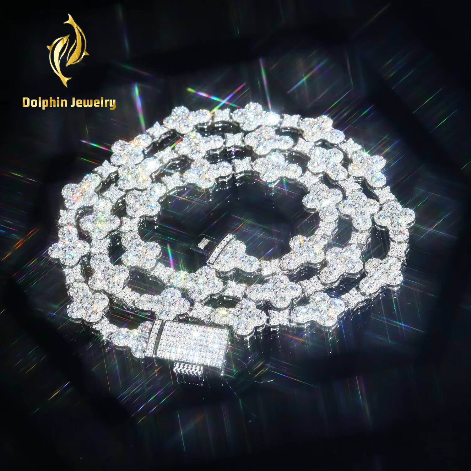 New Design S925 Silver Hip Hop Iced Out Jewelry Moissanite Stones OEM Four Leaf Clover Cross Link Chain Necklace