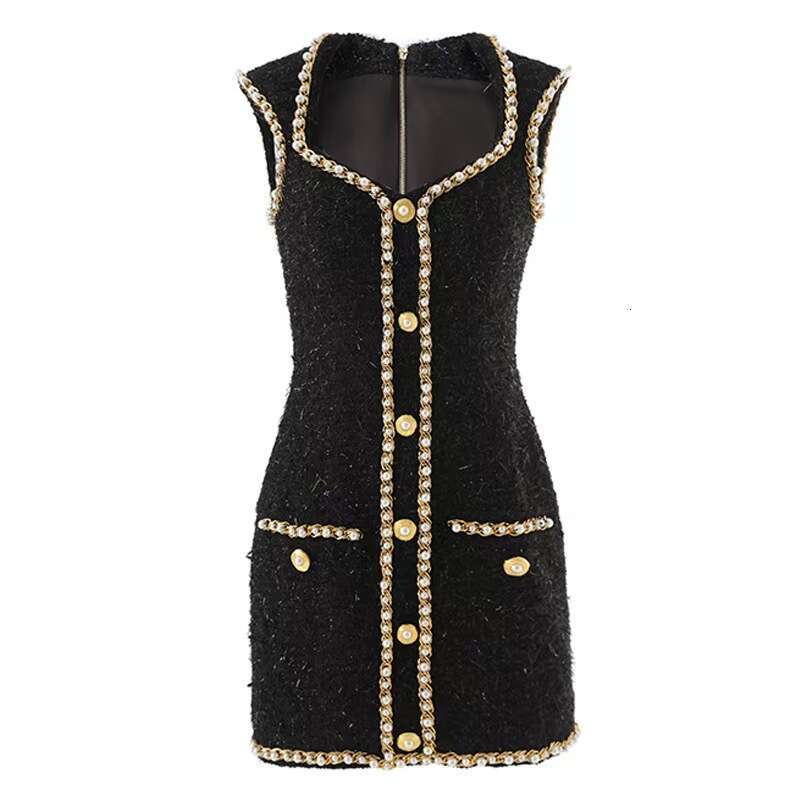Designer French elegant beaded k30 tweed pearl border sleeveless waist cinched socialite style short skirt