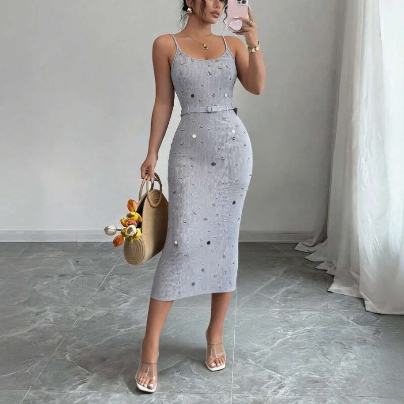 Designer French beaded sequin knit vest FC skirt European and American summer new fashion elegant A13 slim fit slit waist FC long skirt
